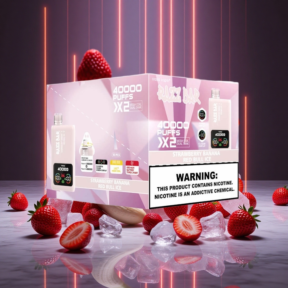 Razz Bar 40000 Puffs Strawberry Banana Red Bull Ice Power Screen Display