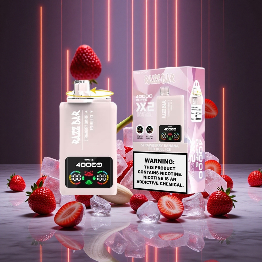 Razz Bar 40000 Puffs Strawberry Banana Red Bull Ice Power Screen Display